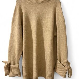 Zara Tan Cowl Neck Sweater with Bow Accents size L